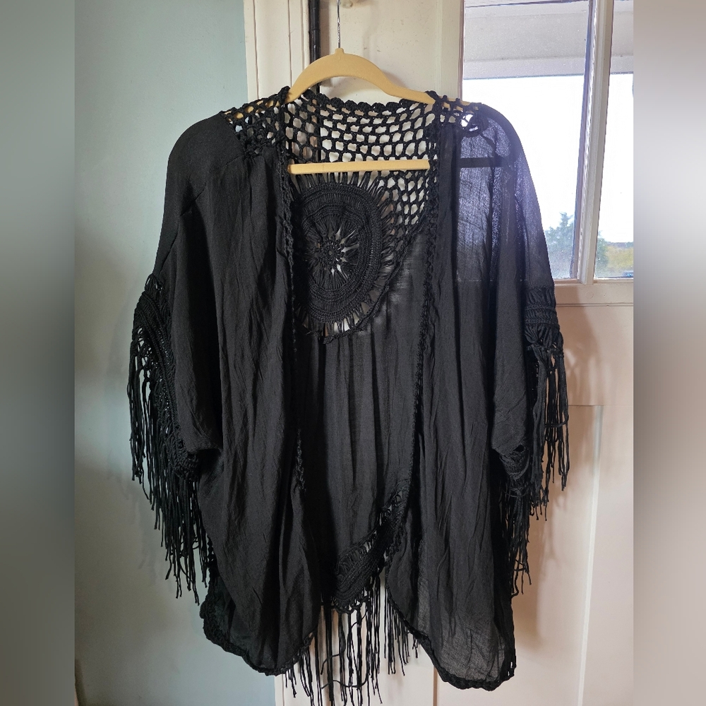 Black Fringe Kimono Cardigan OS Boutique
